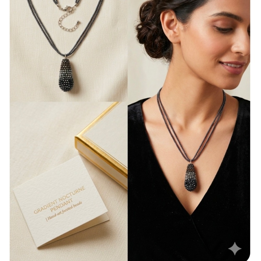 Gradient Nocturne Pendant Necklace Hand Set Faceted Beaded Ombre Teardrop Silver